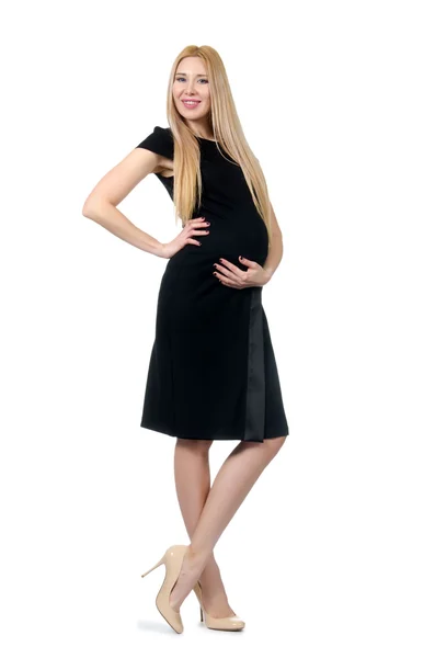 Pretty pregnant woman in black dress isolated on white — Stock Photo, Image