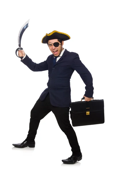 Een eyed piraat met werkmap en zwaard geïsoleerd op wit — Stockfoto