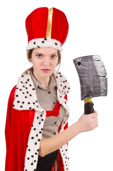 Pretty woman wearing crown and red coat isolated on white — Stock Photo, Image