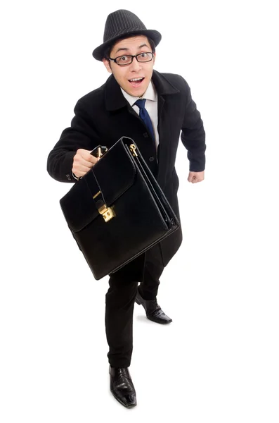 Young man holding suitcase isolated on white — Stock Photo, Image