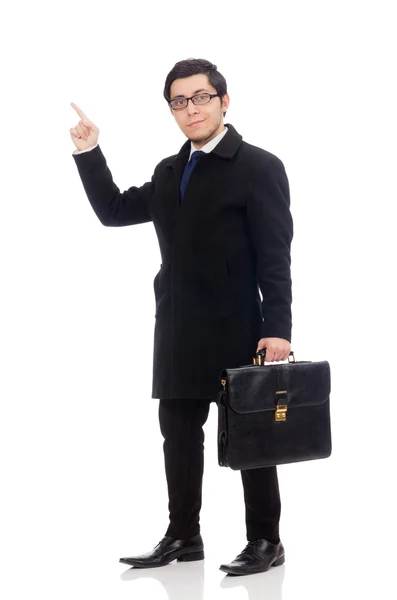 Young man holding suitcase isolated on white — Stock Photo, Image
