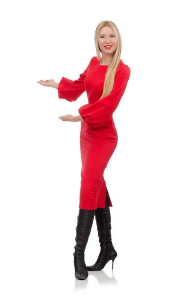 Schöne Frau in rotem langen Kleid isoliert auf weiß — Stockfoto