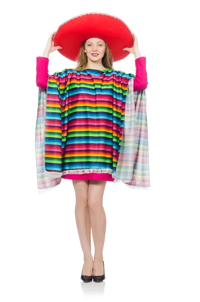 Menina bonita no poncho mexicano isolado no branco — Fotografia de Stock