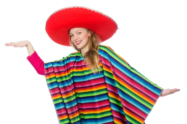 Menina bonita no poncho mexicano isolado no branco — Fotografia de Stock