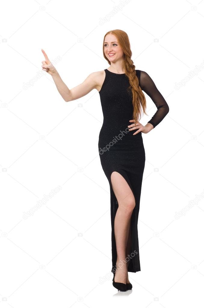 Young lady in elegant black dress isolated on white