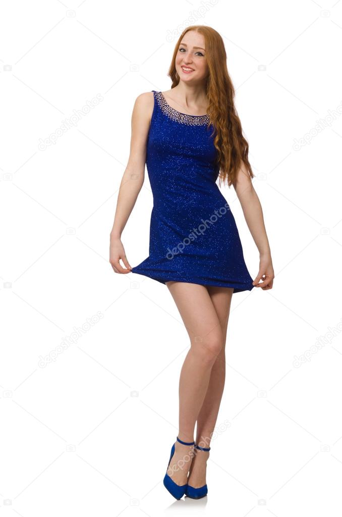 Pretty red hair girl in blue dress isolated on white