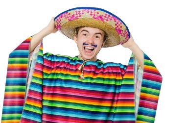 Komik genç Meksikalı yanlış bıyıklı beyaz izole.