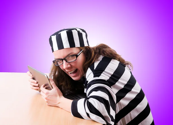 Criminal hacker with laptop against the gradient — Stock Photo, Image