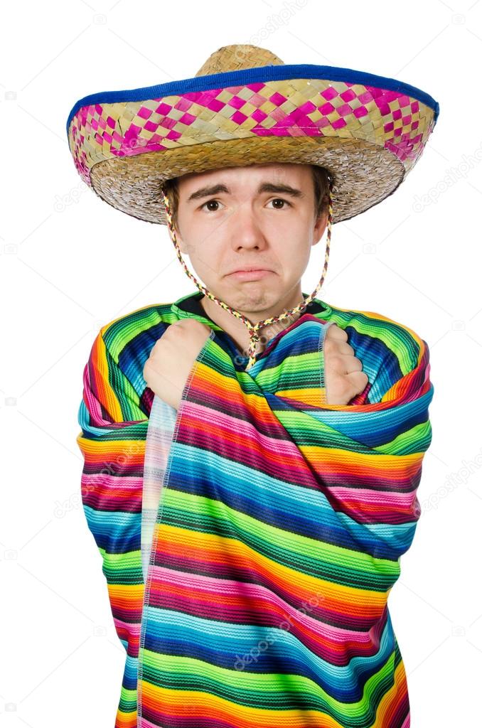Funny young mexican with false moustache isolated on white