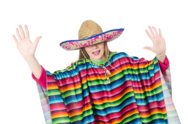 Pretty girl in mexican poncho isolated on white clipart
