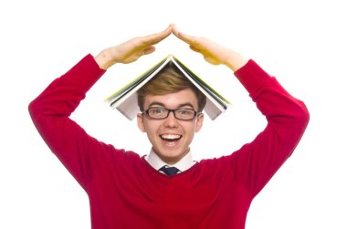 Kitapları beyaza saklanmış komik bir öğrenci.