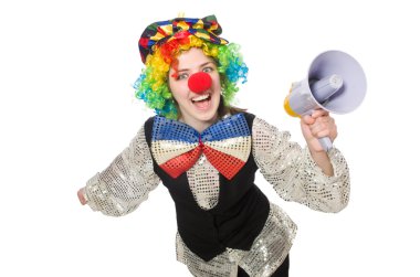 beyaz izole megafon ile kadın palyaço