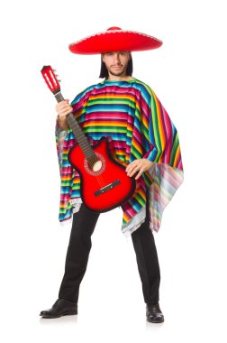 Meksikalı gitar üzerinde beyaz izole tutan canlı panço