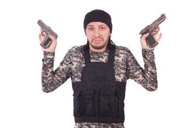 Elinde silah üzerinde beyaz izole askeri Üniformalı erkeklere teslim