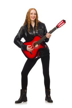 Beyaz izole gitar ile güzel kız