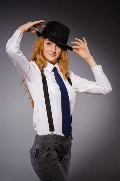 Pretty girl wearing black and white clothing isolated on gray — Stock Photo, Image