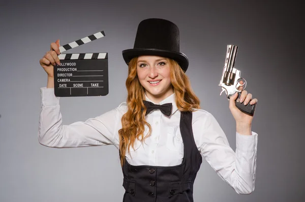 Chica bonita con sombrero retro aislado en gris —  Fotos de Stock