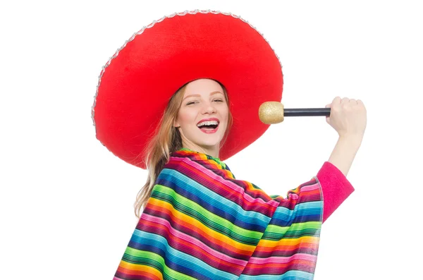 Menina bonita no poncho mexicano cantando isolado no branco — Fotografia de Stock