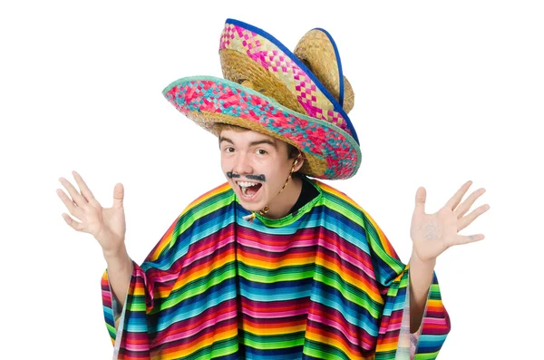 Funny young mexican with false moustache isolated on white — Stock Photo, Image