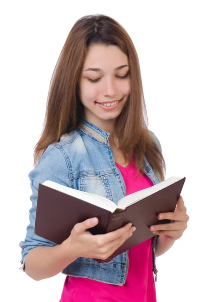 Schülerin mit Büchern auf weiß — Stockfoto