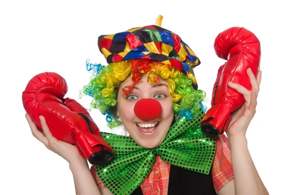 Vrouwelijke clown met box handschoenen geïsoleerd op wit — Stockfoto