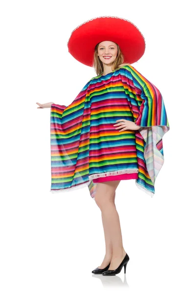 Pretty girl in mexican poncho isolated on white — Stock Photo, Image