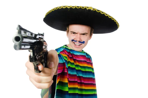 Grappige jonge Mexicaanse met pistool geïsoleerd op wit — Stockfoto