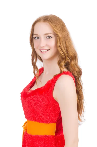 Jolie jeune fille en robe rouge isolé sur blanc — Photo