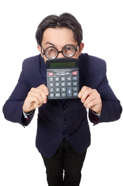 Grappige mens met calculator geïsoleerd op wit — Stockfoto