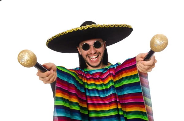 Bonito homem em poncho vívido segurando maracas isoladas em branco — Fotografia de Stock