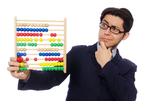 Komik işadamı ile üzerine beyaz izole abacus — Stok fotoğraf