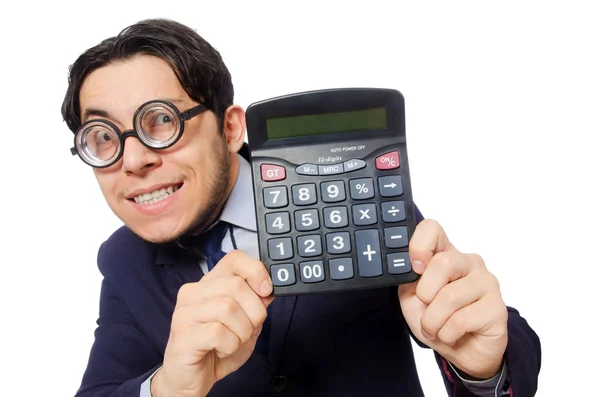 Смешной человек с калькулятором изолирован на белом — стоковое фото