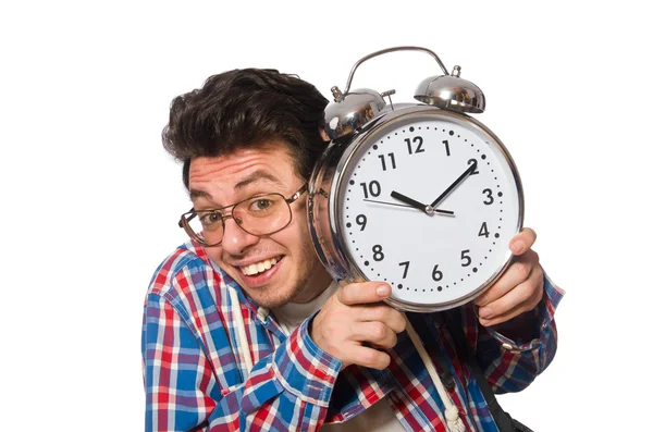 Student with alarm clock isolated on white — Stock Photo, Image