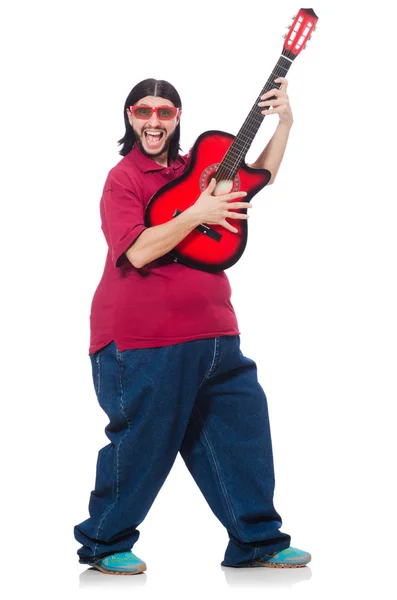 Fat man met gitaar geïsoleerd op wit — Stockfoto