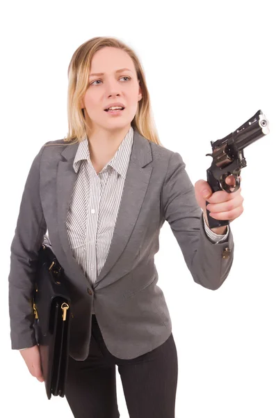 Pretty office employee with briefcase and handgun isolated on white — Stock Photo, Image