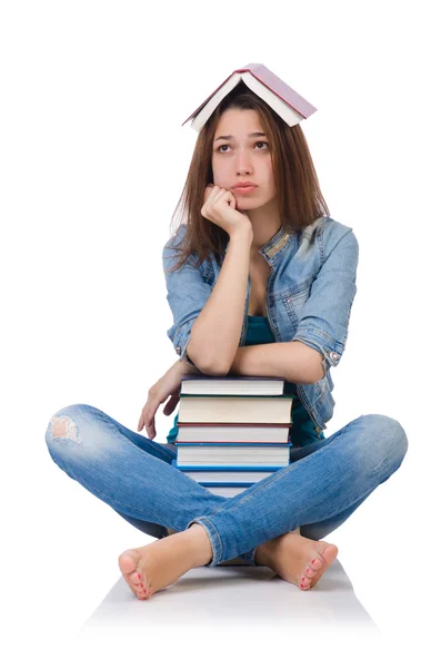 Studente ragazza con libri isolati su bianco — Foto Stock