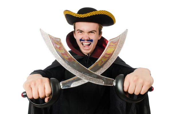 Jonge piraat houden zwaard geïsoleerd op wit — Stockfoto