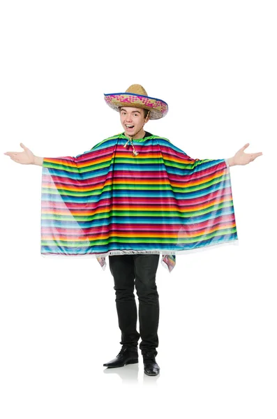 Legrační mladý mexický s falešný knír, izolované na bílém — Stock fotografie