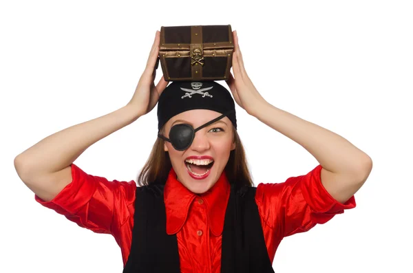 海賊の女の子が白で隔離箱箱を持って — ストック写真