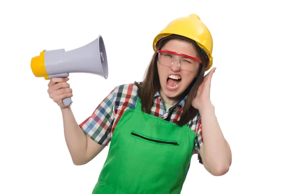 Woman wearing hard hat with loudspeaker — Stock Photo, Image