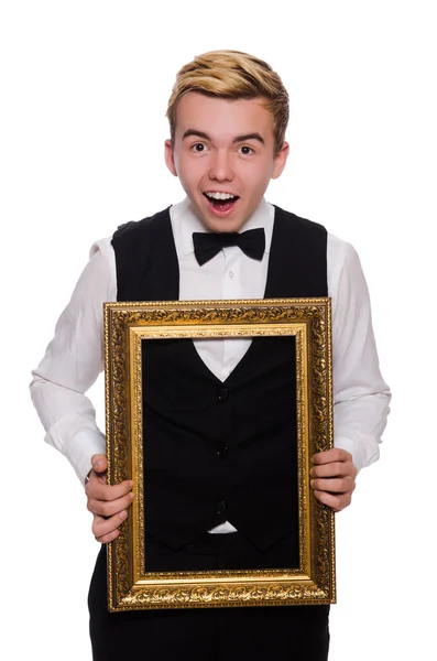 Jongeman houvast frame geïsoleerd op wit — Stockfoto