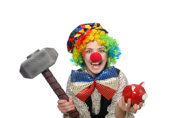 Clown femminile con martello e cassetta dei soldi isolato su bianco — Foto Stock