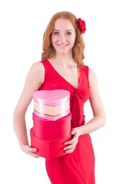 Menina bonita em vestido vermelho isolado no branco — Fotografia de Stock