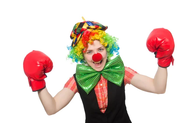 Clown femelle avec des gants de boîte isolés sur blanc — Photo