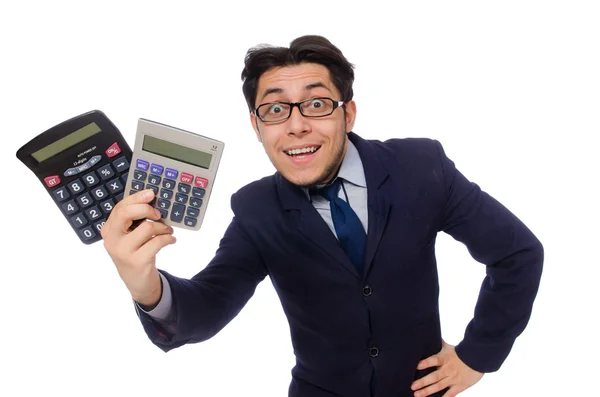 Homme drôle avec calculatrice isolé sur blanc — Photo