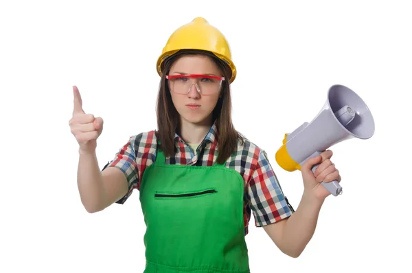 Woman wearing hard hat with loudspeaker — Stock Photo, Image