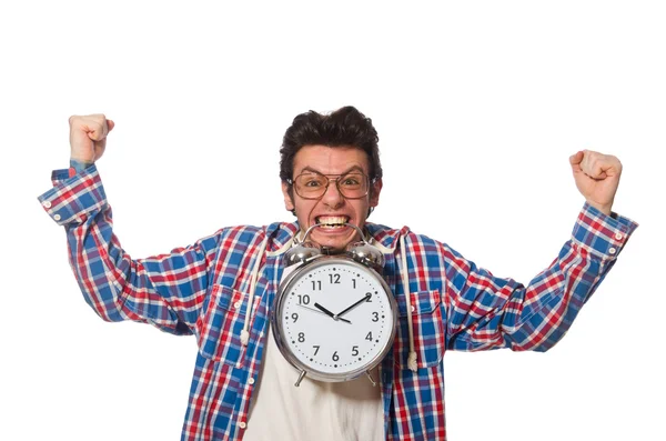 Estudiante con reloj despertador aislado en blanco — Foto de Stock