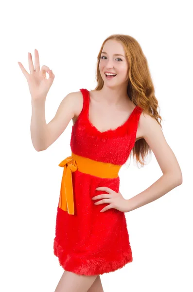 Menina bonita em vestido vermelho isolado no branco — Fotografia de Stock