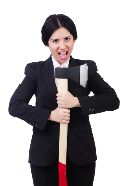 Businesswoman with axe isolated on white — Stock Photo, Image