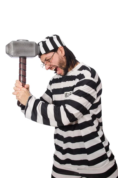 Prison inmate with hammer isolated on white — Stock Photo, Image